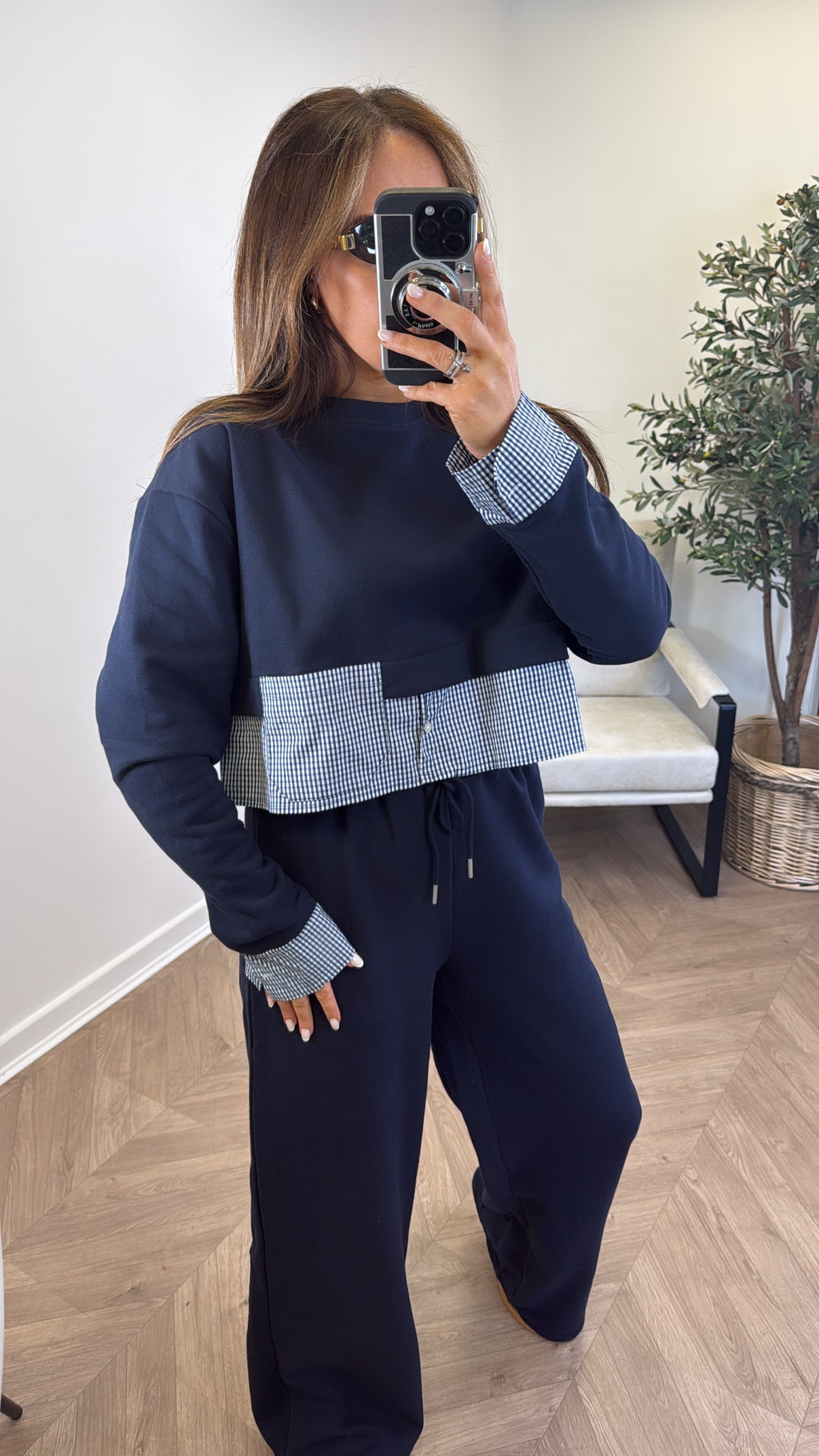 ELLA navy check detail top and trousers tracksuit