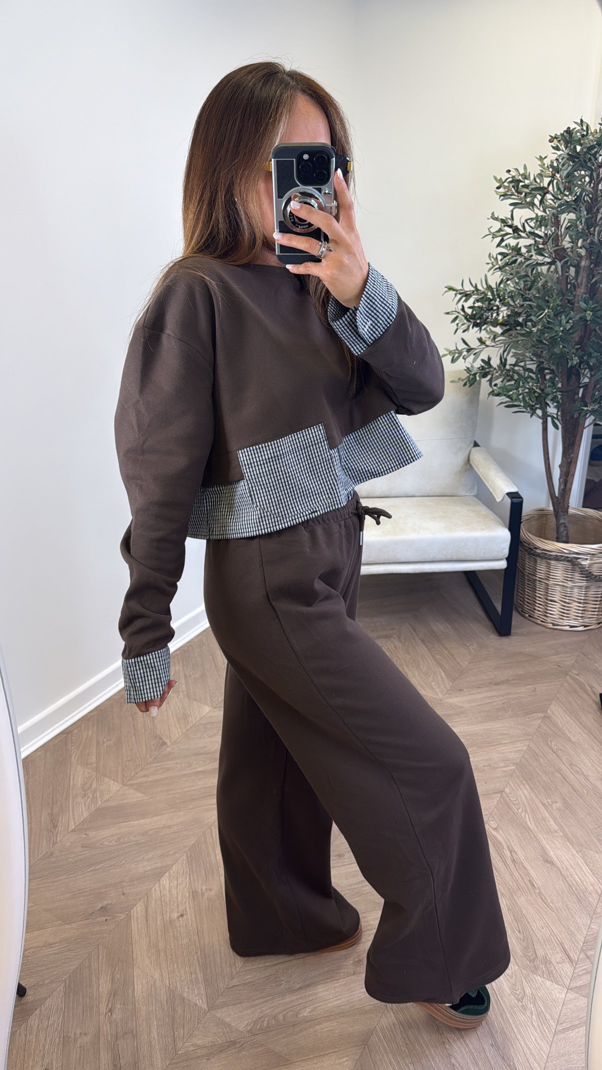 ELLA brown check detail top and trousers tracksuit