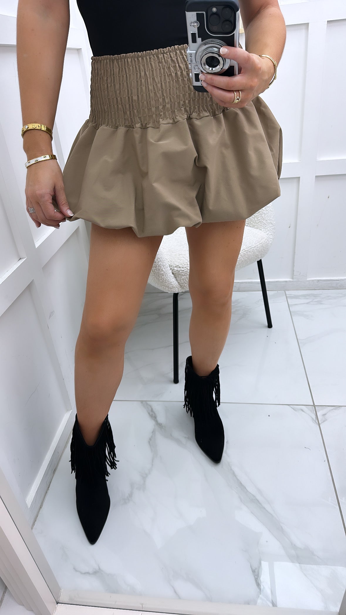 ALIYAH beige puffball mini skirt