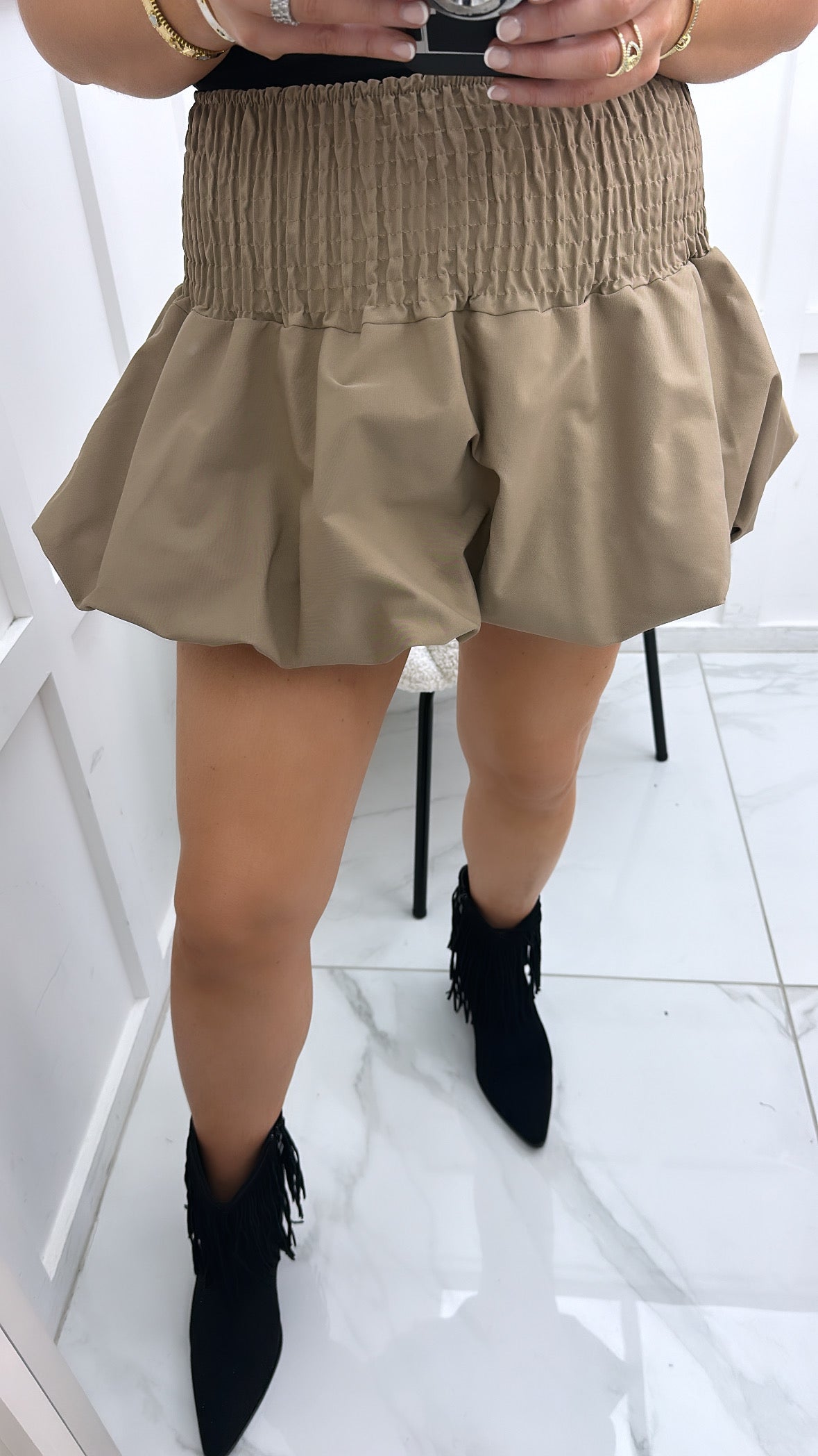 ALIYAH beige puffball mini skirt