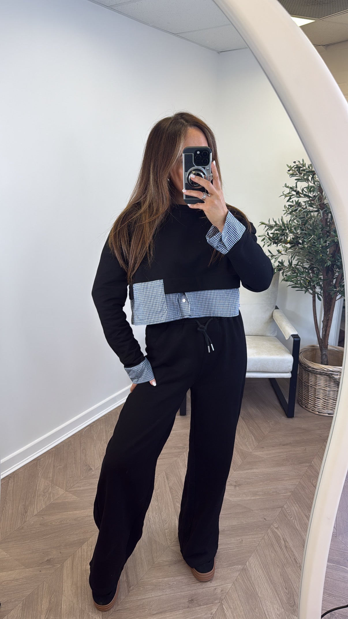ELLA black check detail top and trousers tracksuit