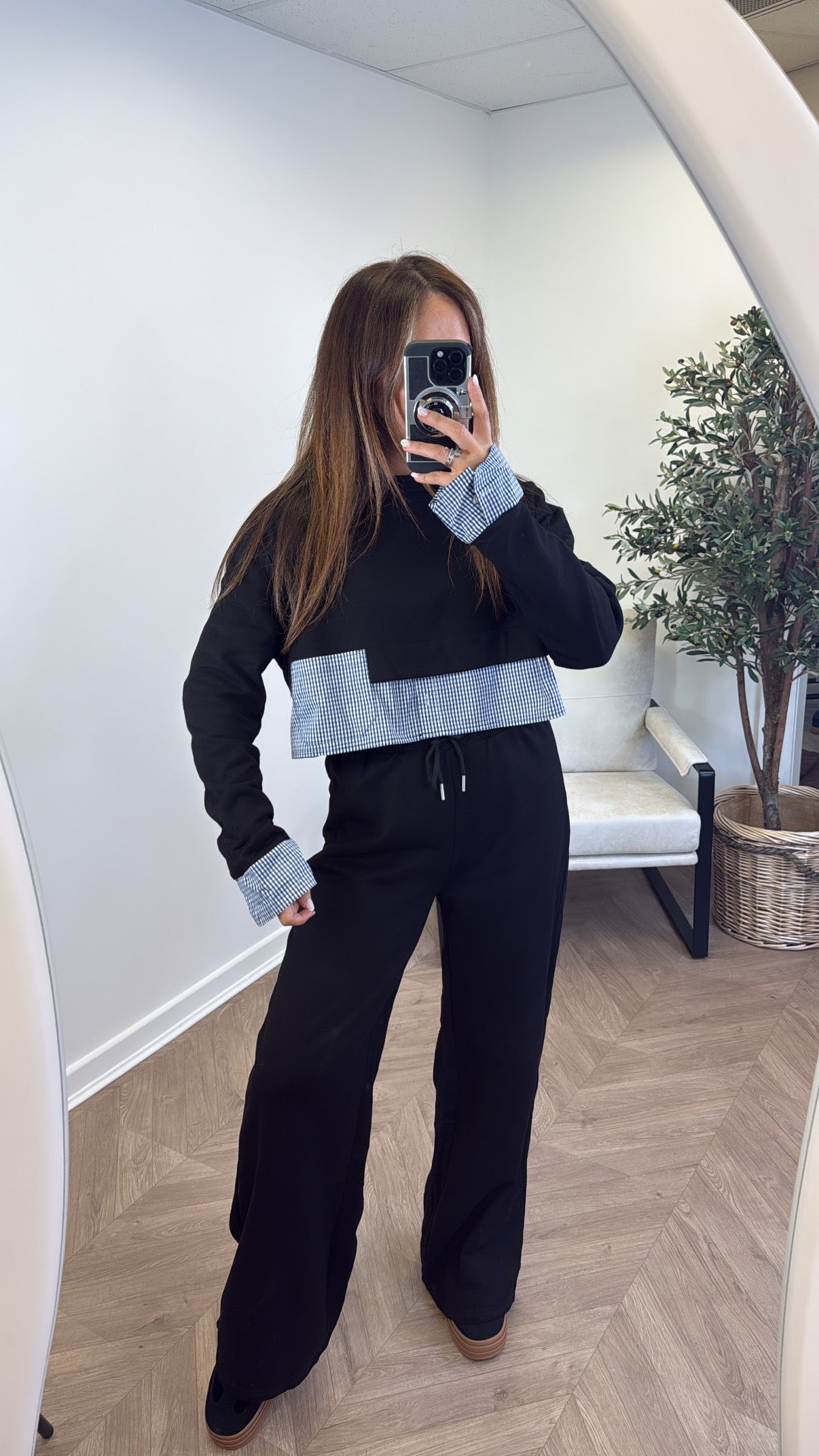 ELLA black check detail top and trousers tracksuit