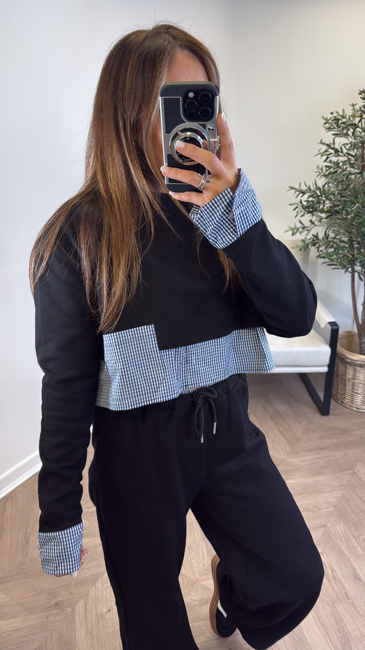 ELLA black check detail top and trousers tracksuit