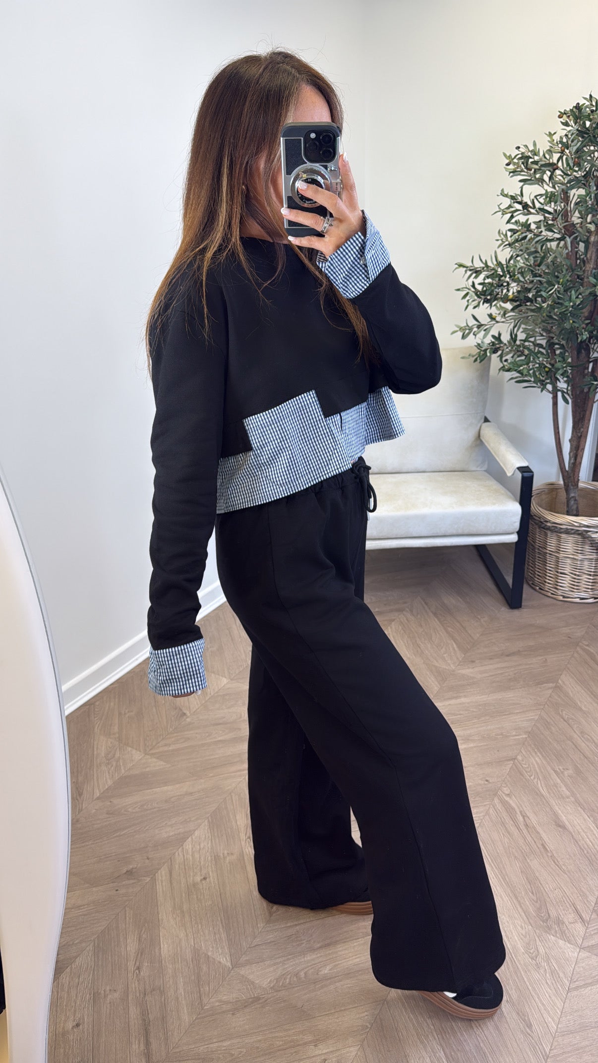 ELLA black check detail top and trousers tracksuit