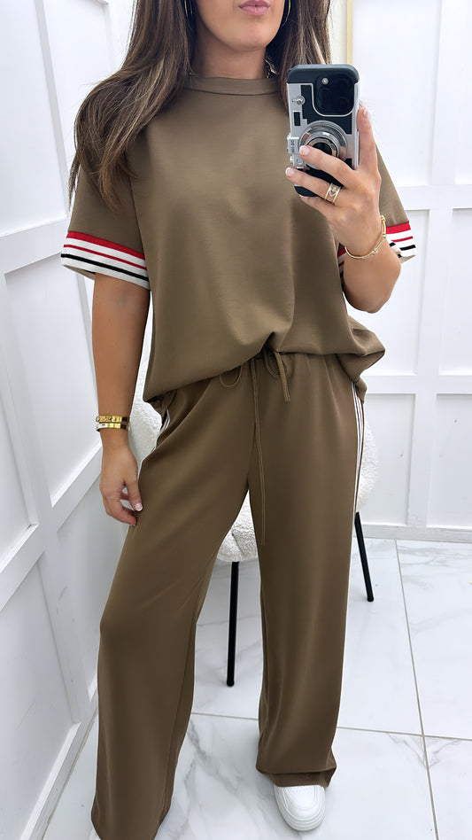 JESSICA olive with contrast stripe t-shirt and wide leg joggers co-ord