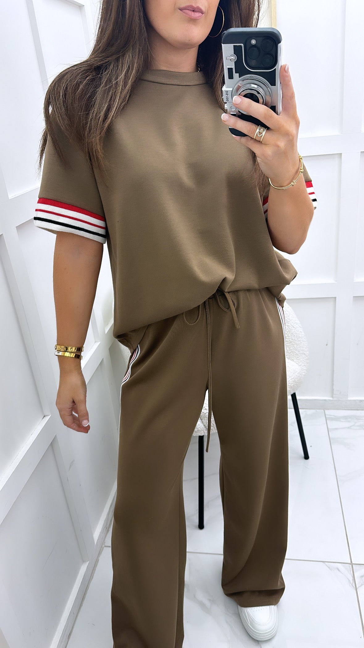 JESSICA olive with contrast stripe t-shirt and wide leg joggers co-ord