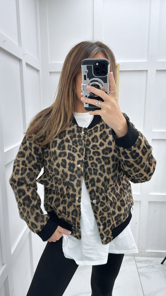 HARPER brown leopard print super soft bomber jacker