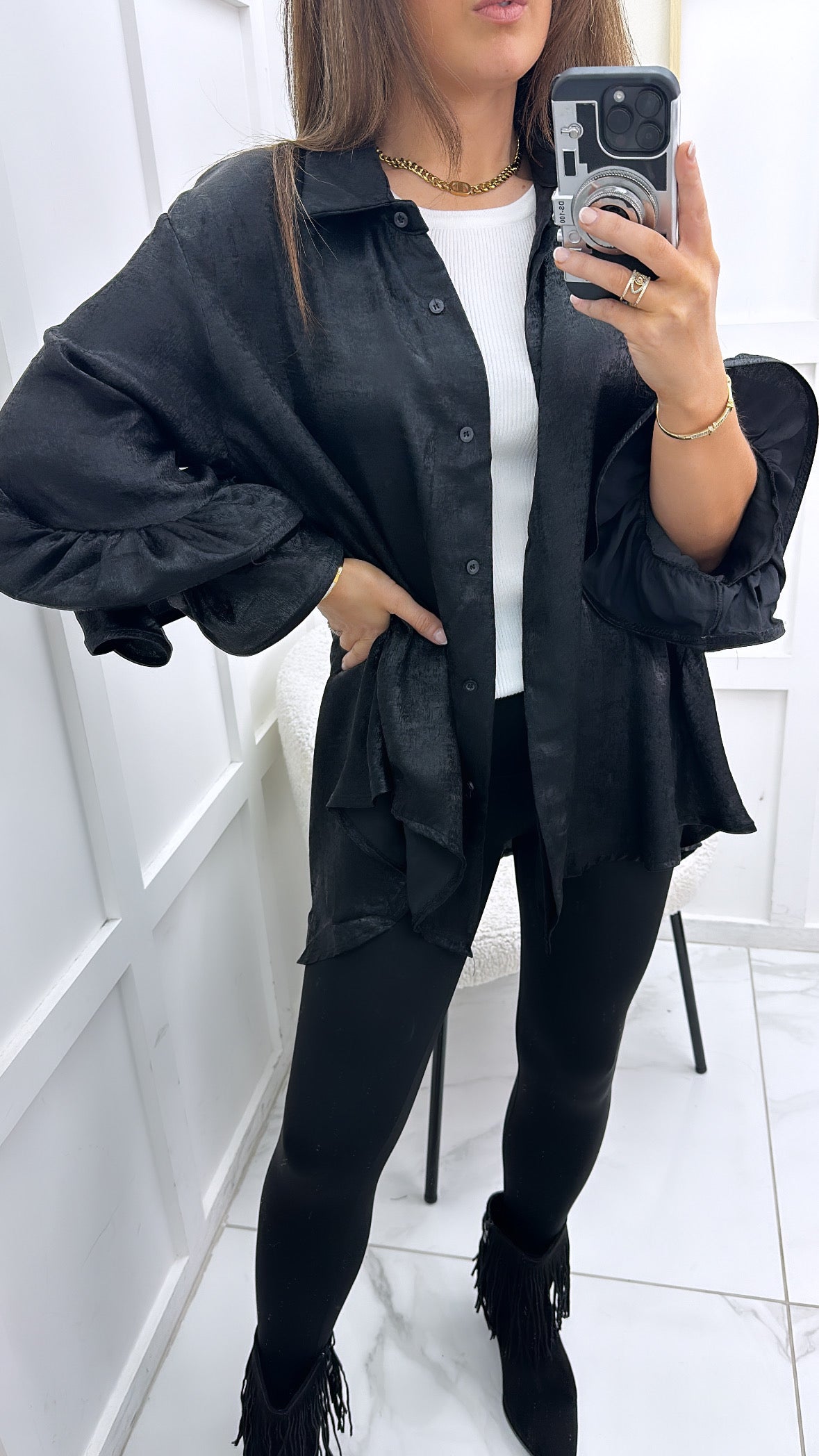 BIANCA black oversized sheer shirt with frill sleeves