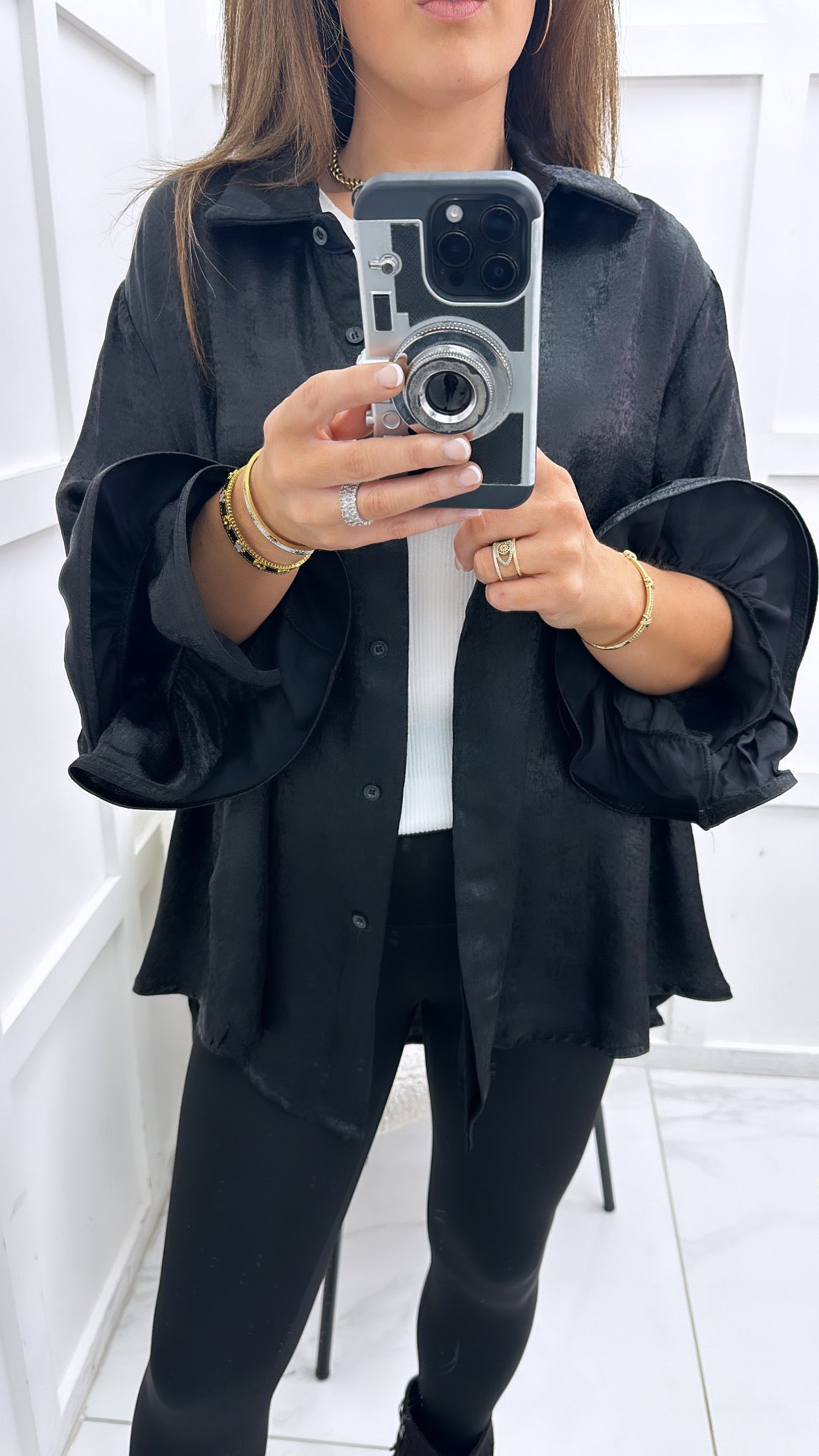 BIANCA black oversized sheer shirt with frill sleeves