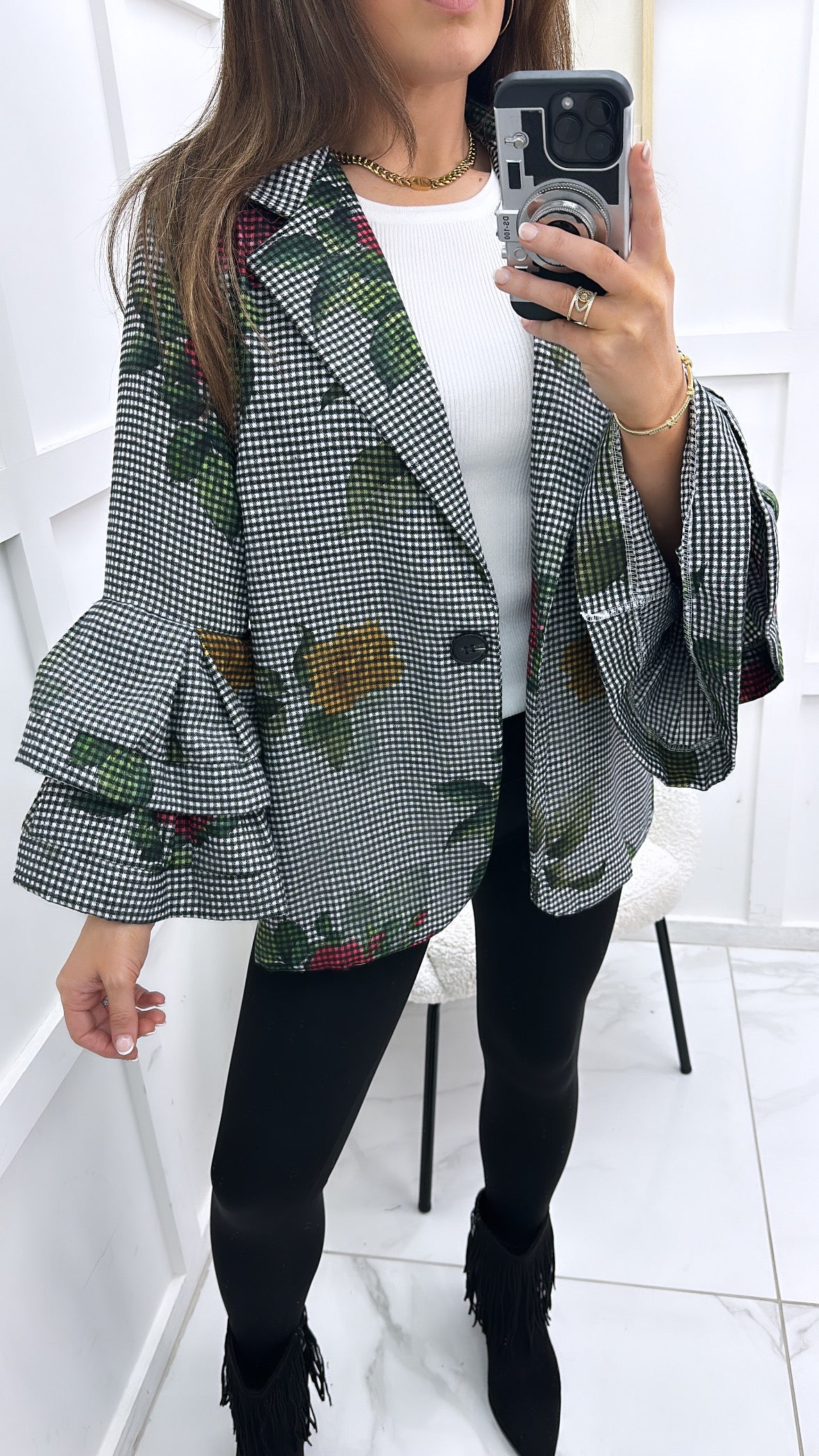 JOSIE black gingham jacket with floral print and frill sleeves