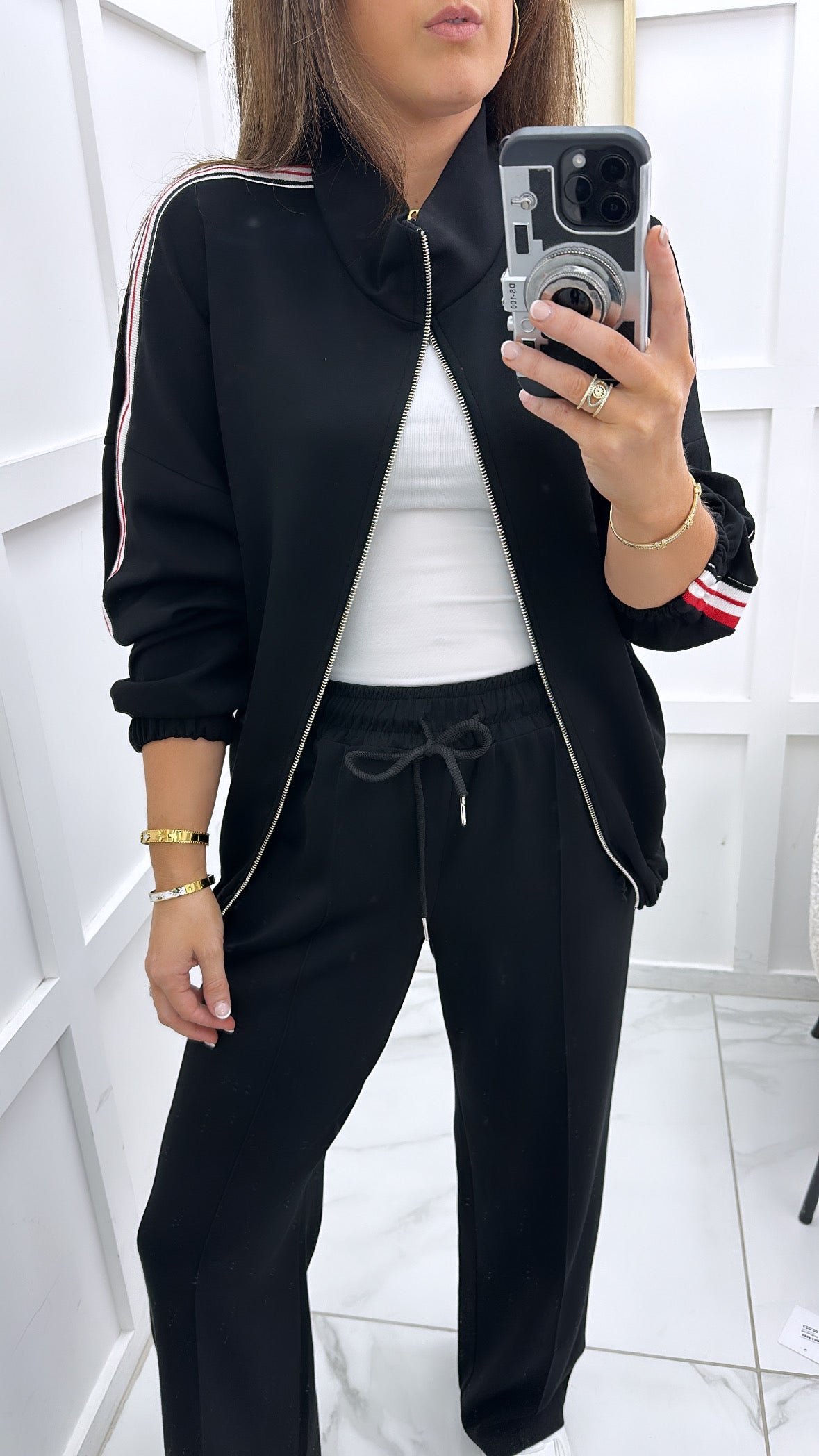 NADIA black cotton bomber jacket with contrast side stripes