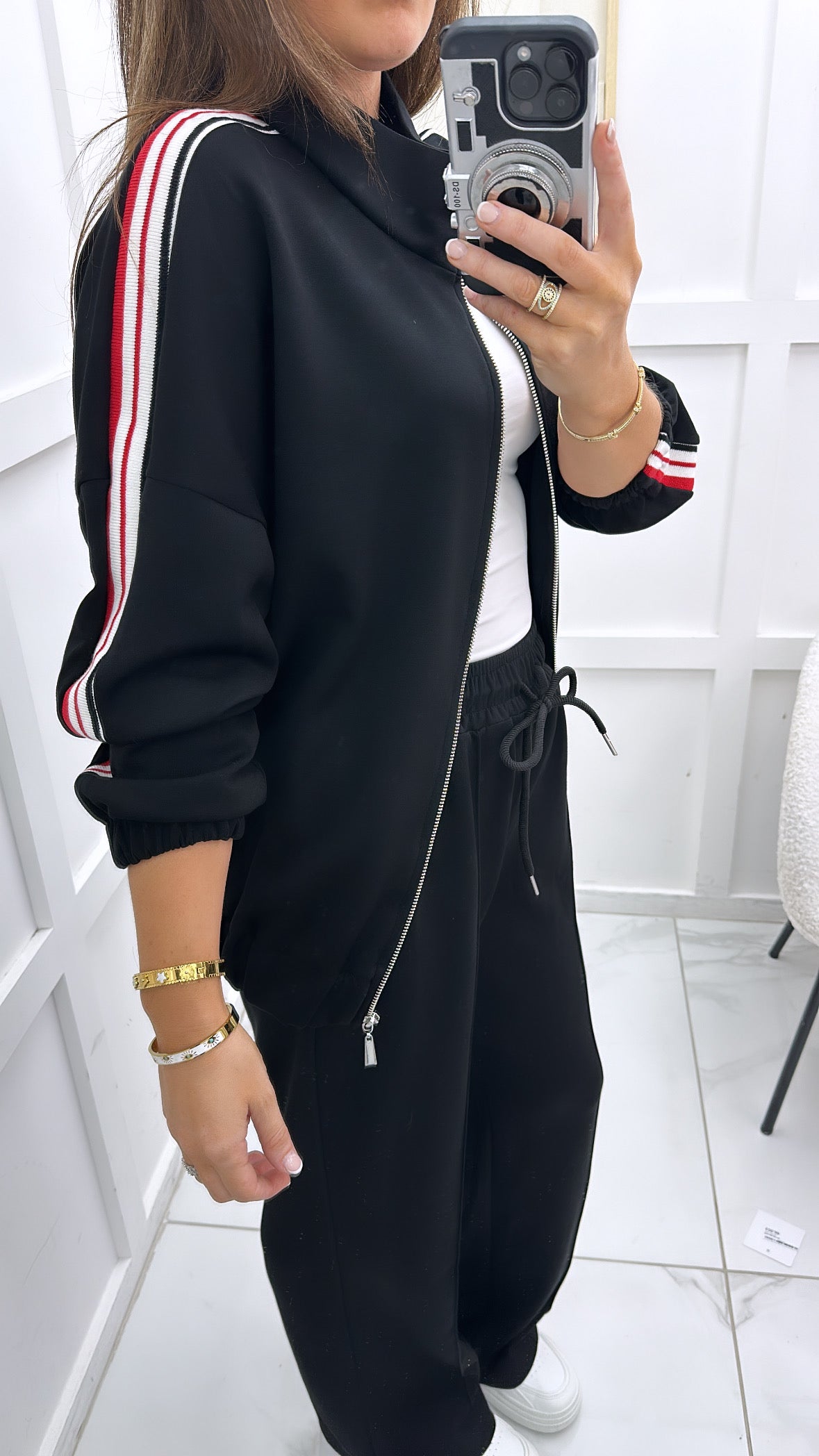 NADIA black cotton bomber jacket with contrast side stripes