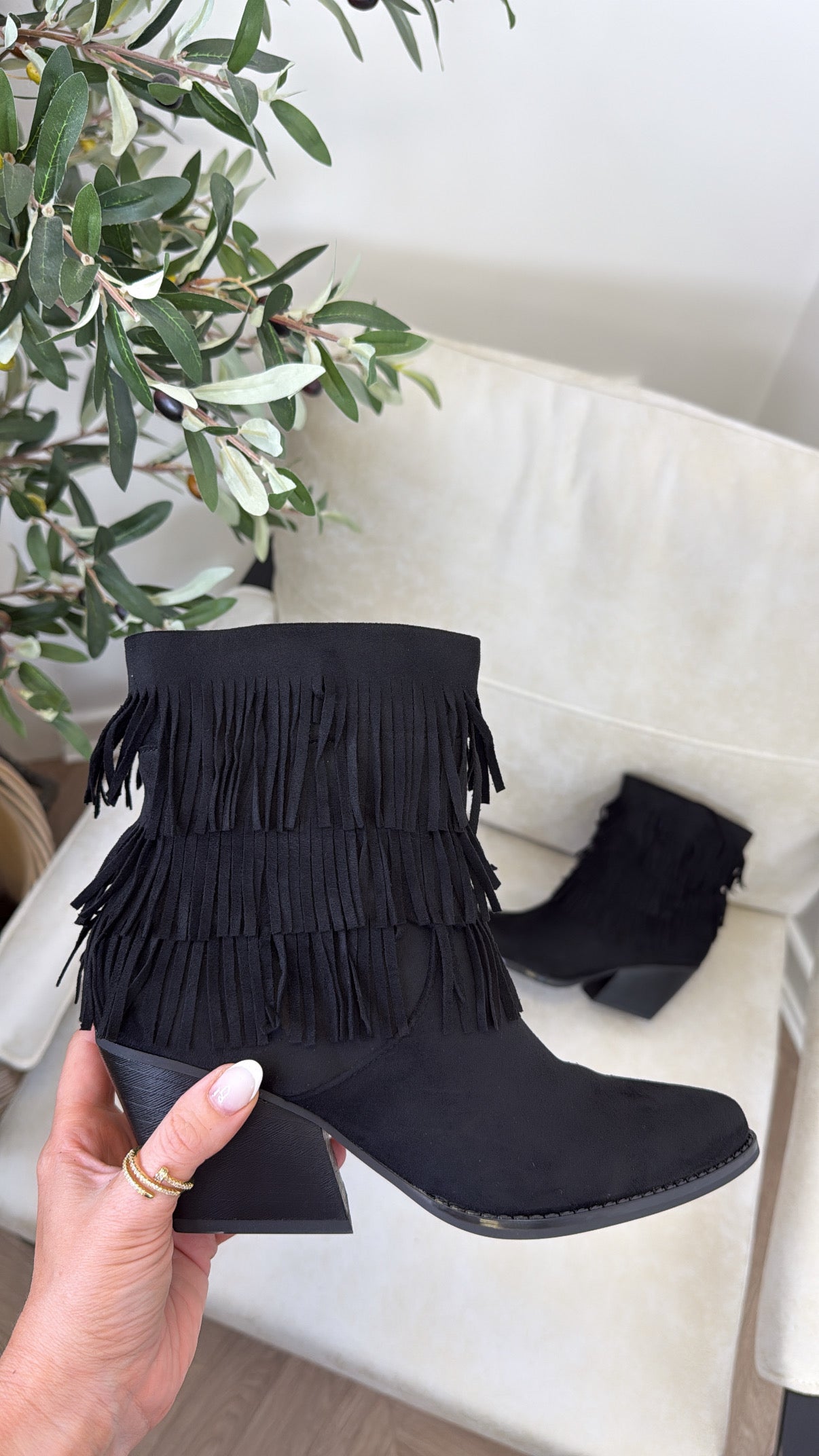 ROSA black tassel ankle boots