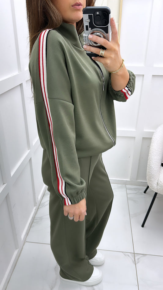 NADIA khaki cotton bomber jacket with contrast side stripes