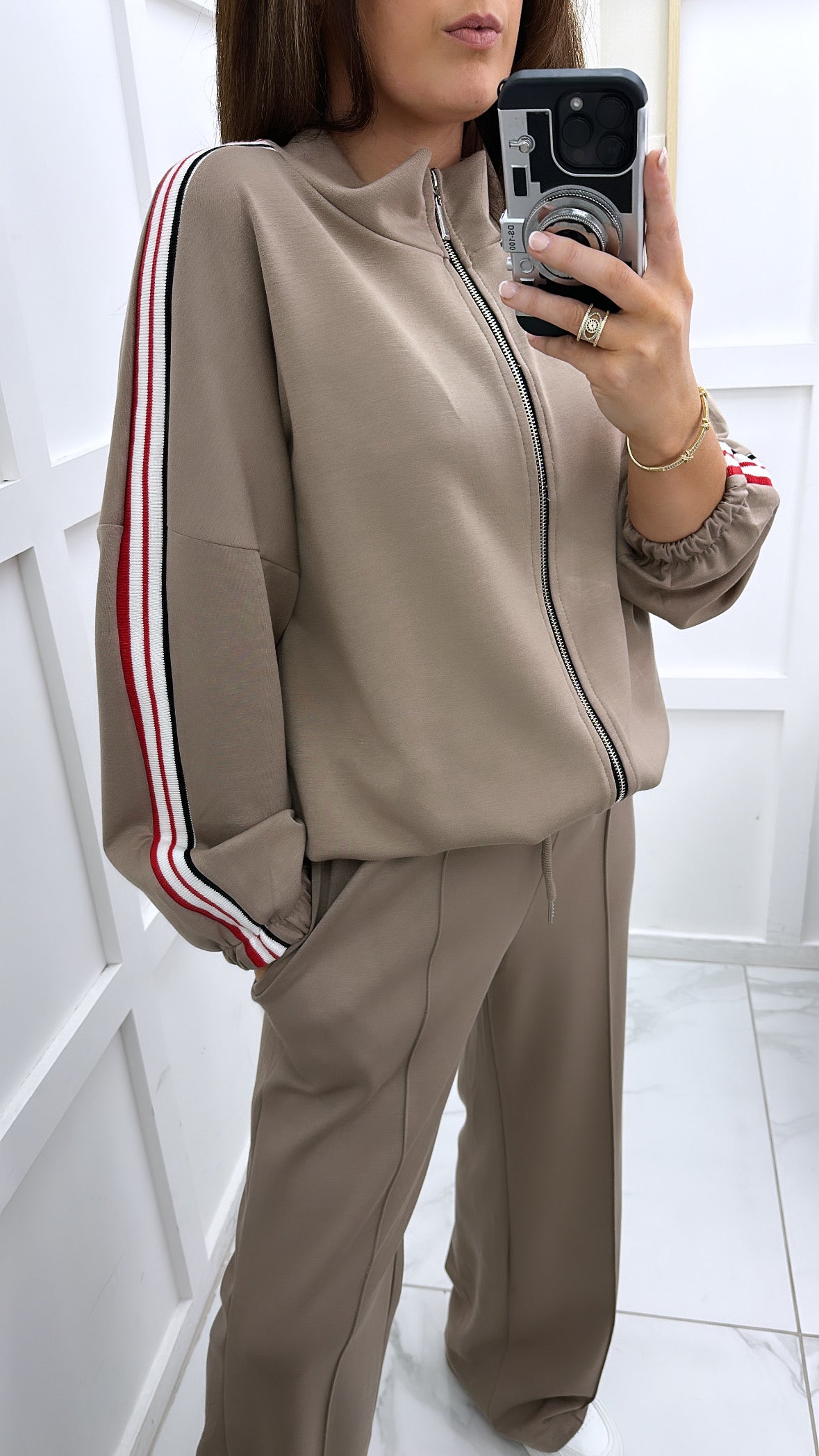 NADIA mocha cotton bomber jacket with contrast side stripes