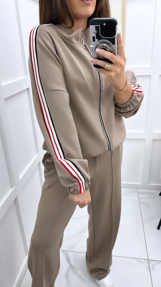 NADIA mocha cotton bomber jacket with contrast side stripes