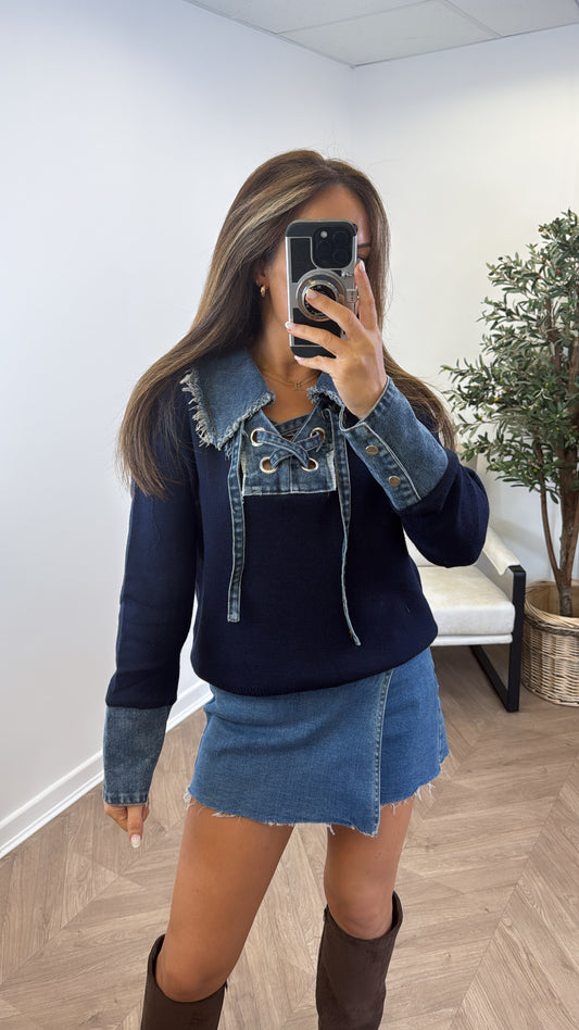MELANIE navy and denim contrast jumper