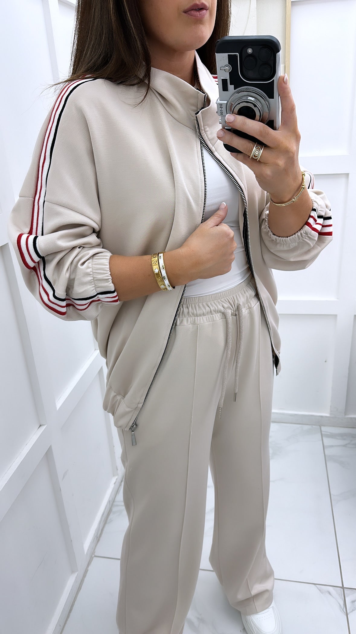 NADIA cream cotton bomber jacket with contrast side stripes