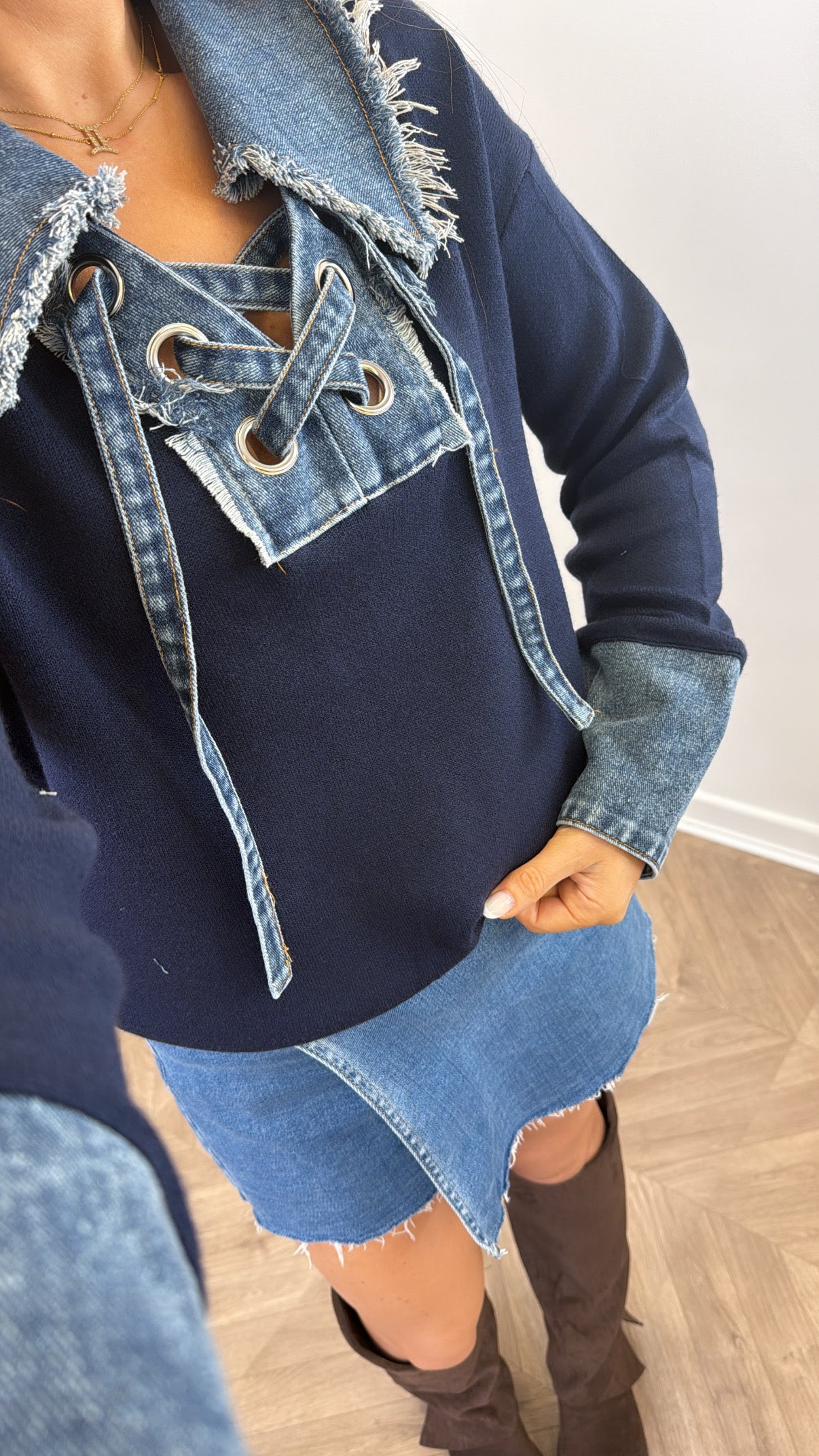 MELANIE navy and denim contrast jumper
