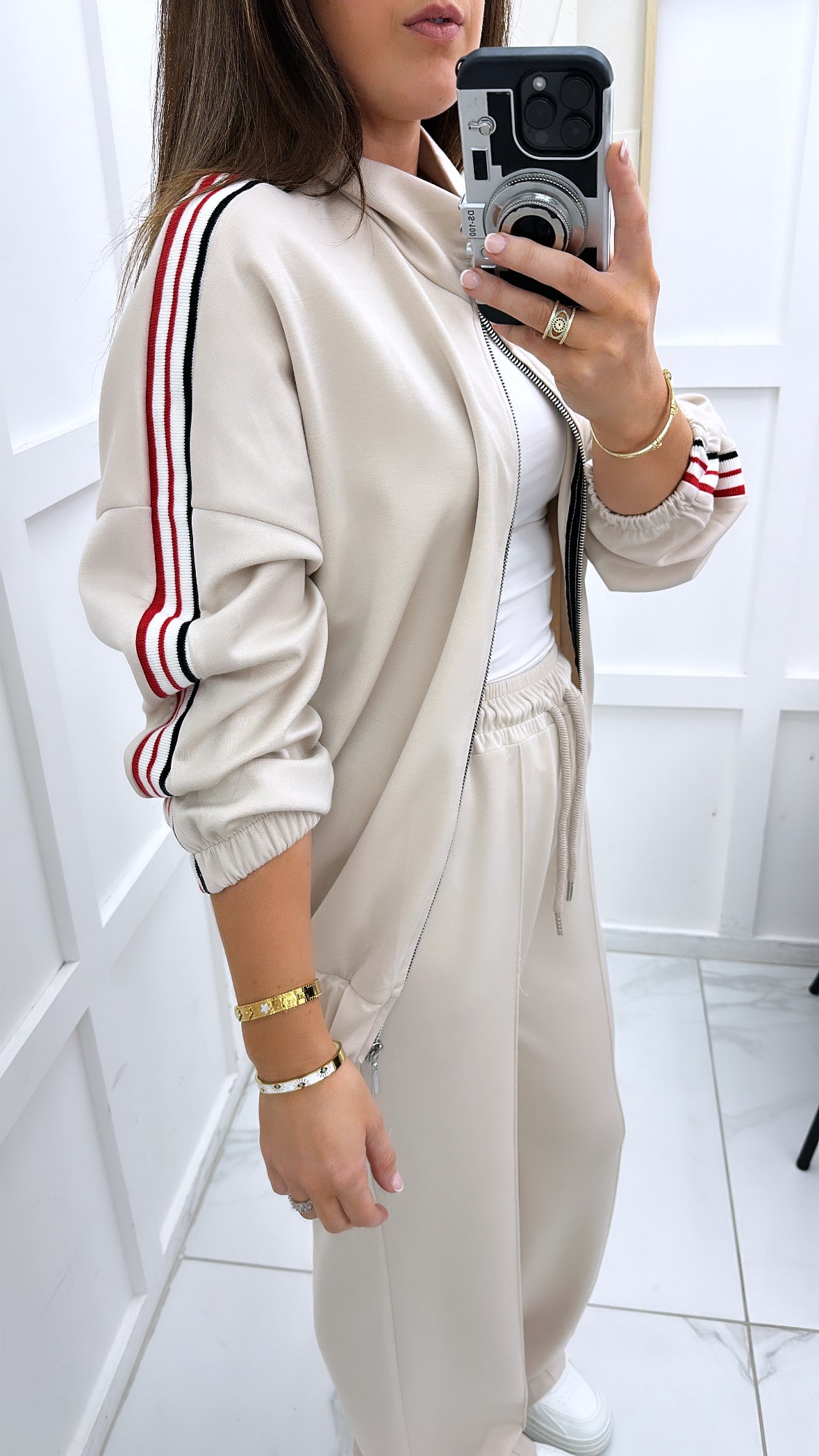 NADIA cream cotton bomber jacket with contrast side stripes