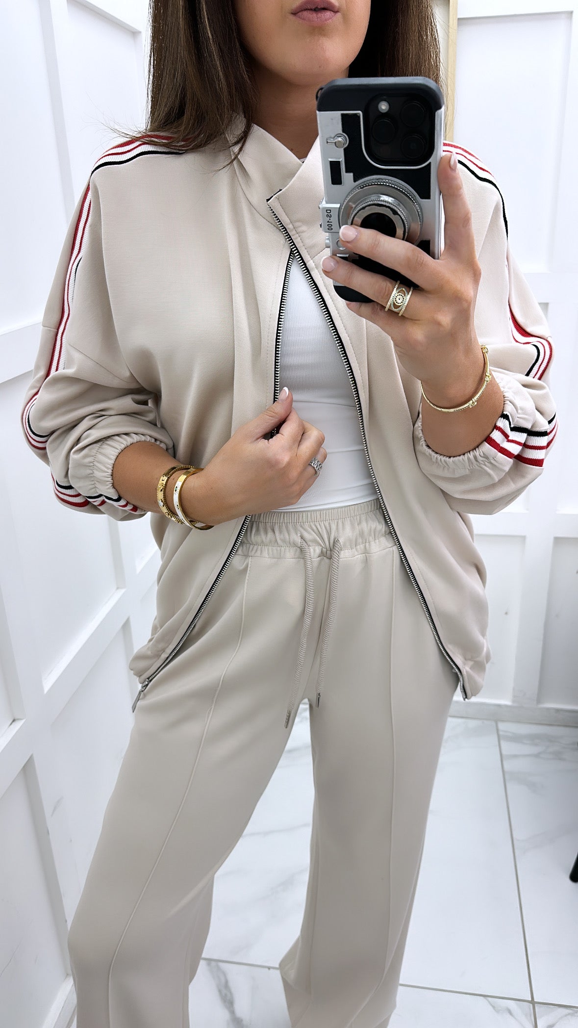 NADIA cream cotton bomber jacket with contrast side stripes