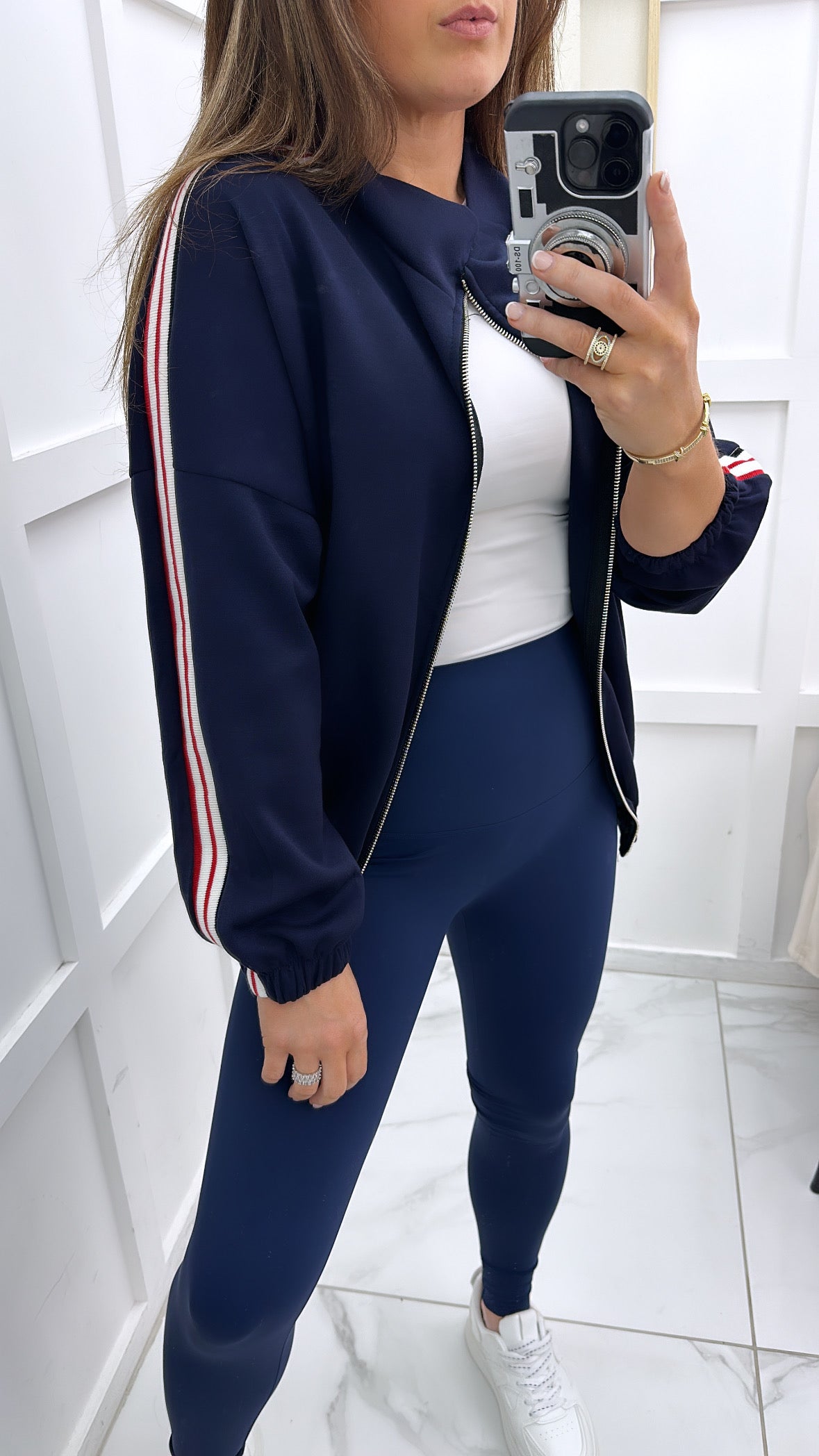 NADIA navy cotton bomber jacket with contrast side stripes