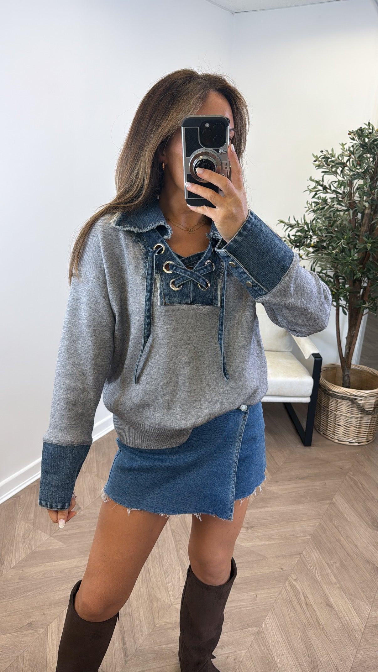MELANIE grey and denim contrast jumper