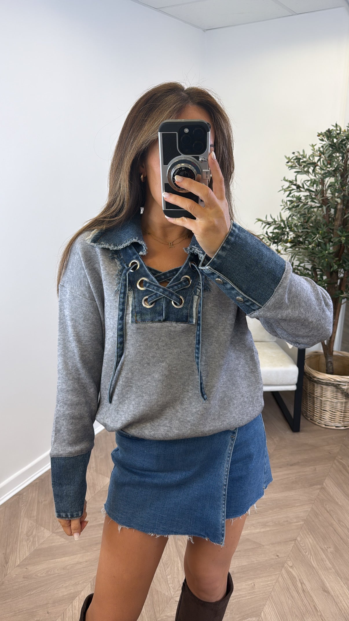 MELANIE grey and denim contrast jumper