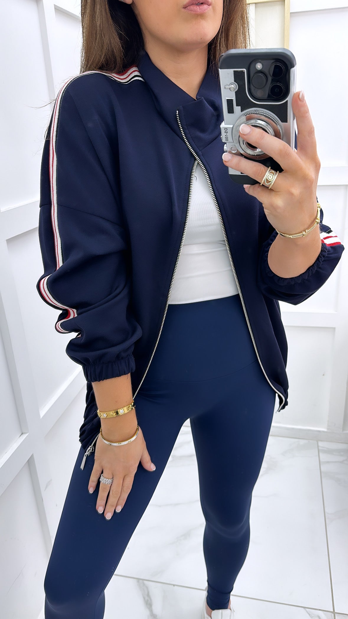 NADIA navy cotton bomber jacket with contrast side stripes