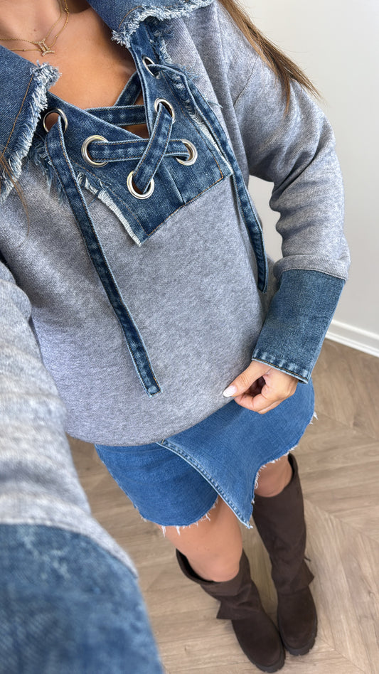 MELANIE grey and denim contrast jumper
