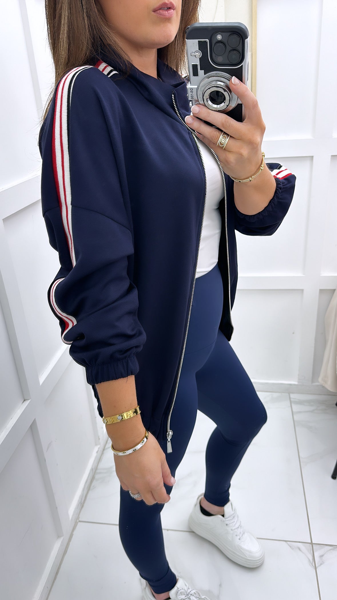 NADIA navy cotton bomber jacket with contrast side stripes