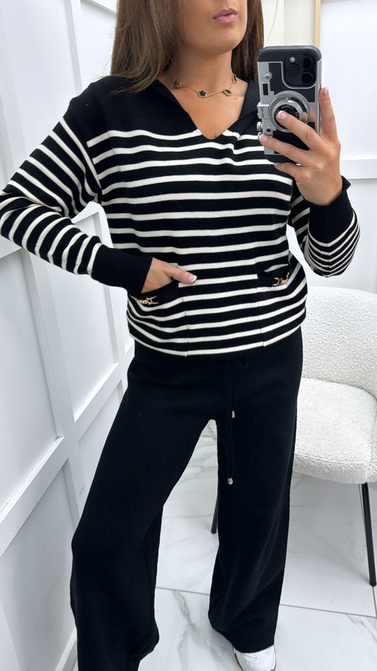 OLIVIA black with cream stripes fine knit hoody