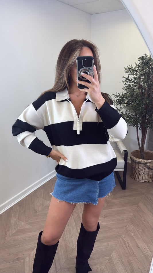 EVIE black and cream stripe knitted polo jumper