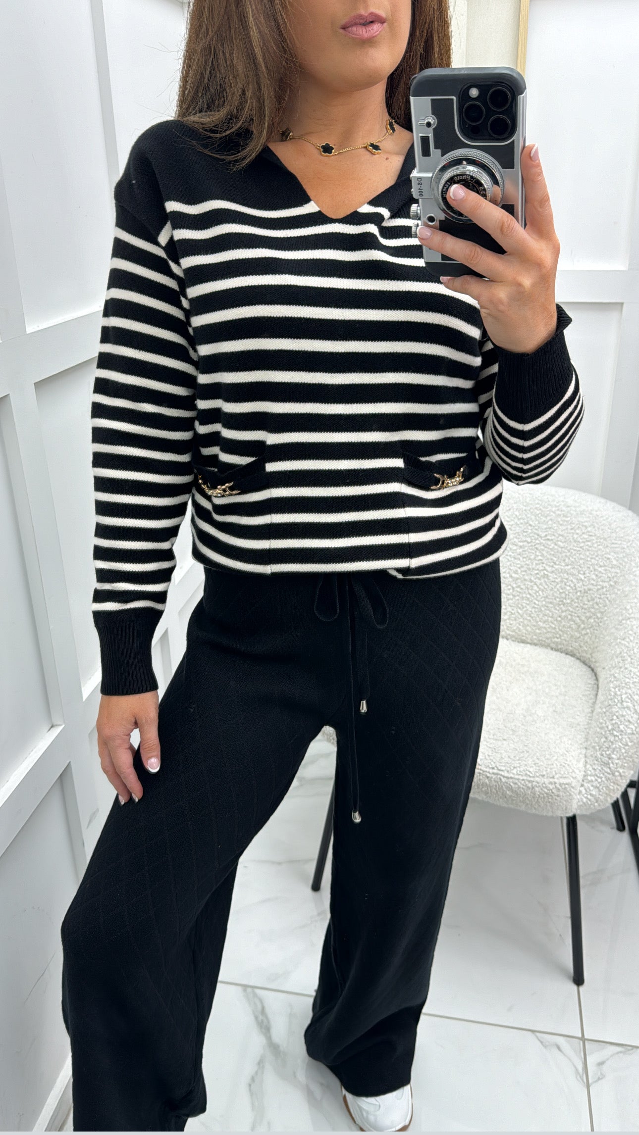 OLIVIA black with cream stripes fine knit hoody