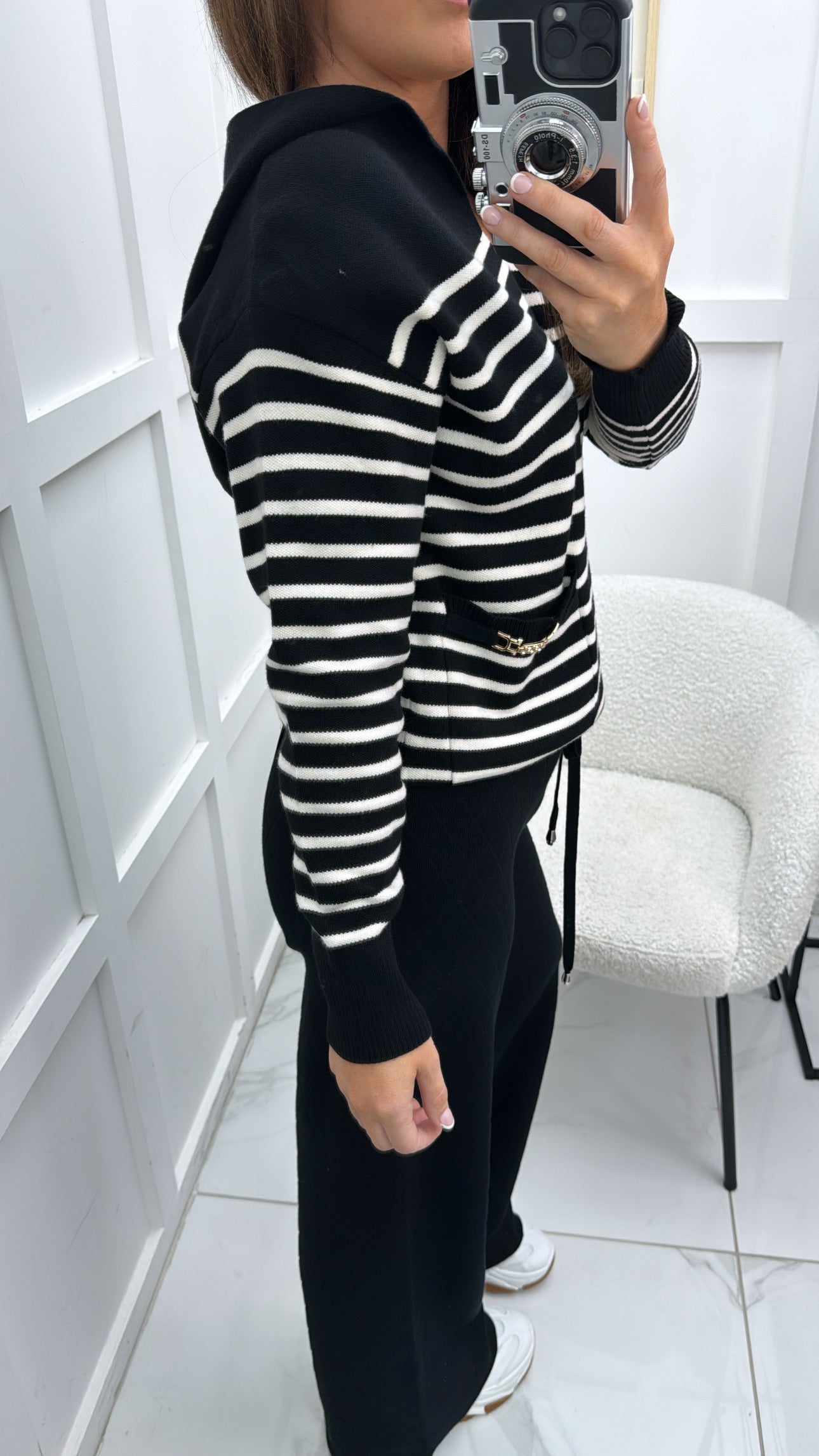 OLIVIA black with cream stripes fine knit hoody