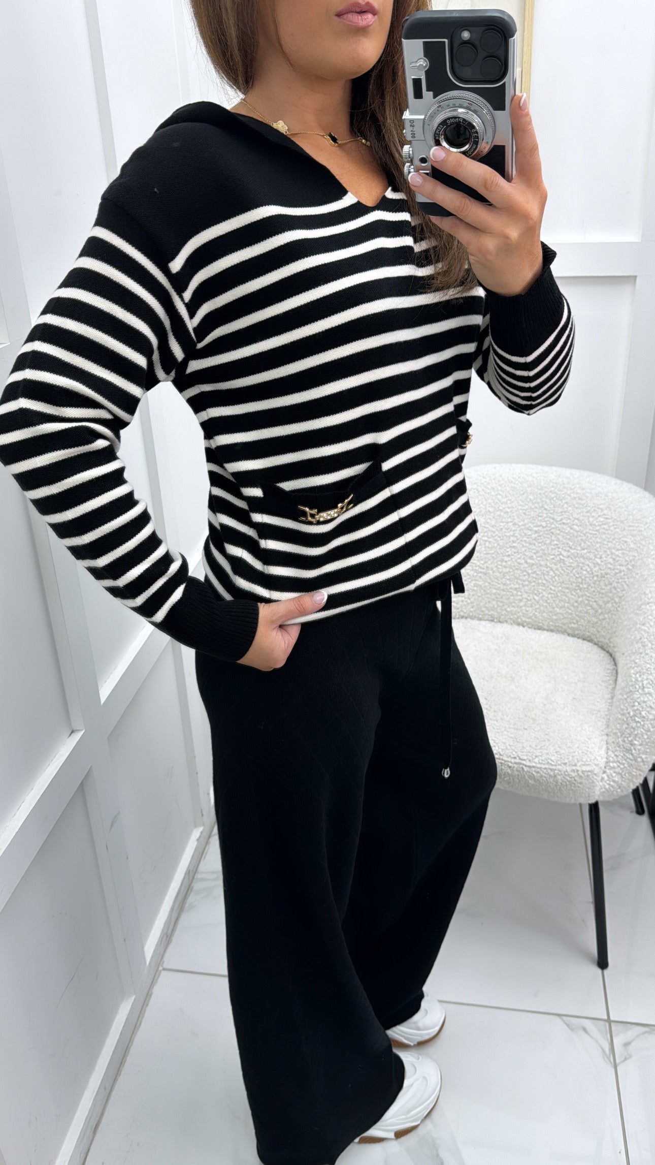 OLIVIA black with cream stripes fine knit hoody