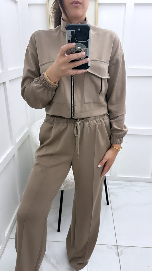 ISABELLA mocha crop zip up jacket and joggers co-ord set