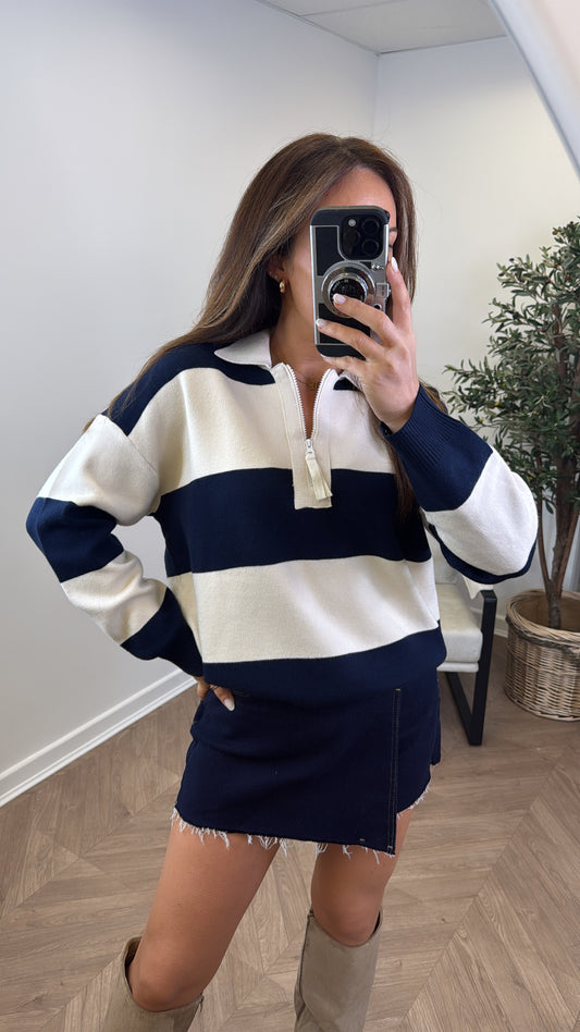 EVIE navy and cream stripe knitted polo jumper