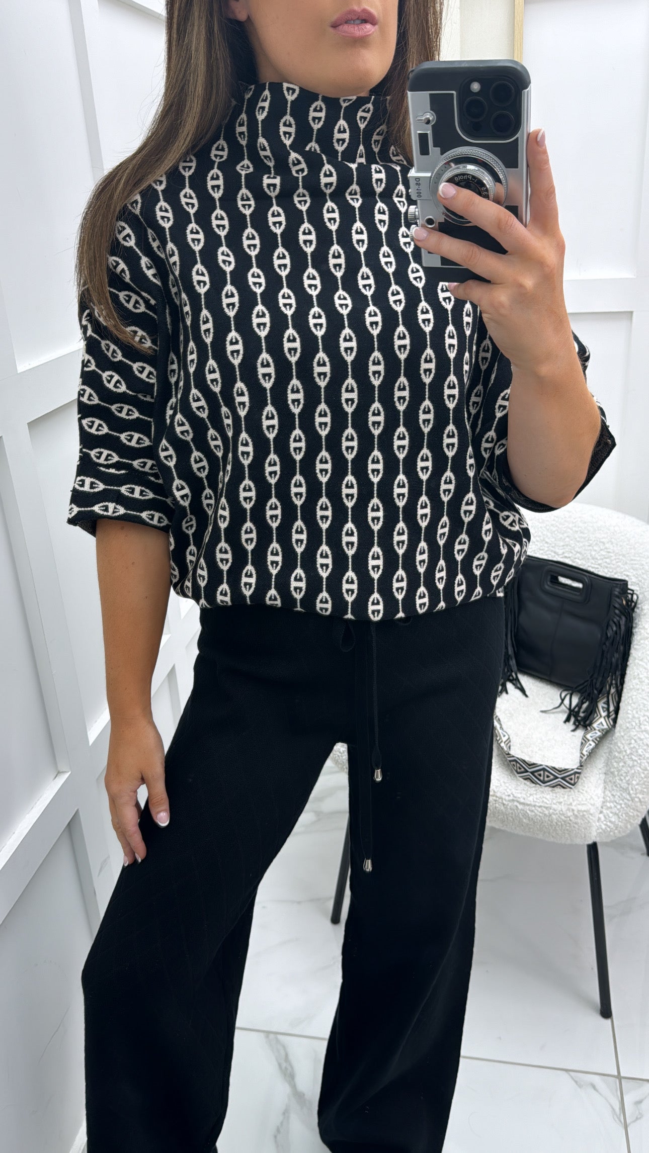 CHARLOTTE black and cream pattern fine knit top