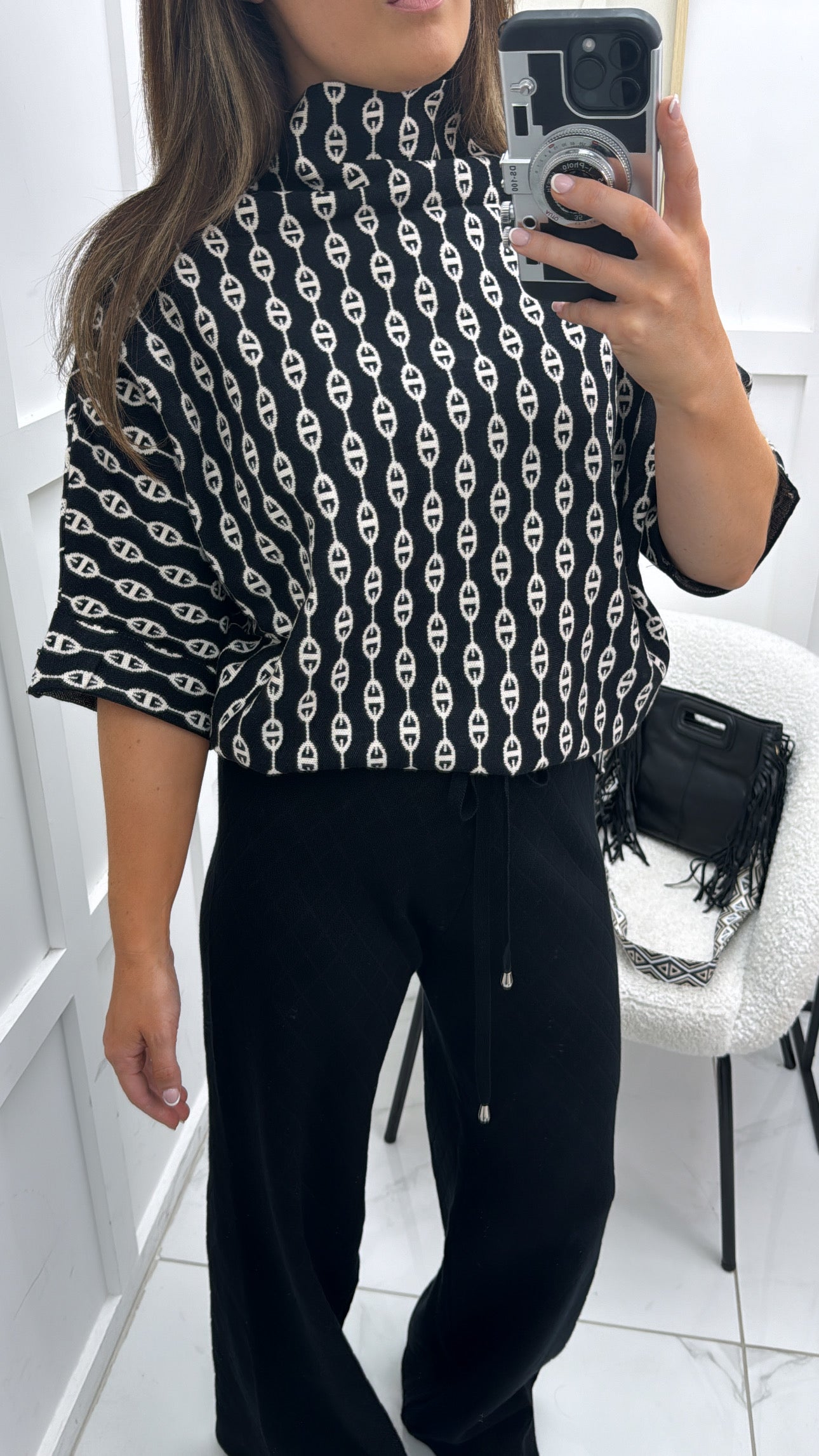 CHARLOTTE black and cream pattern fine knit top