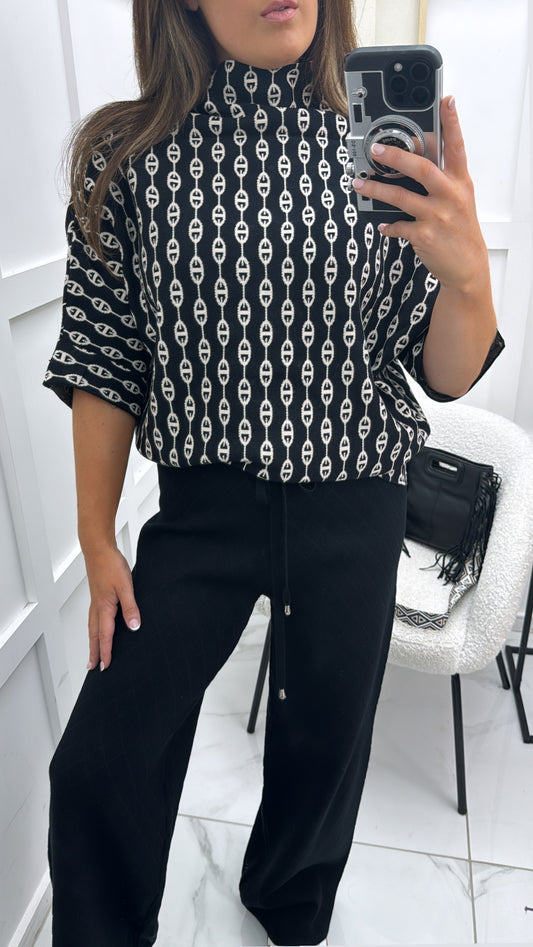 CHARLOTTE black and cream pattern fine knit top