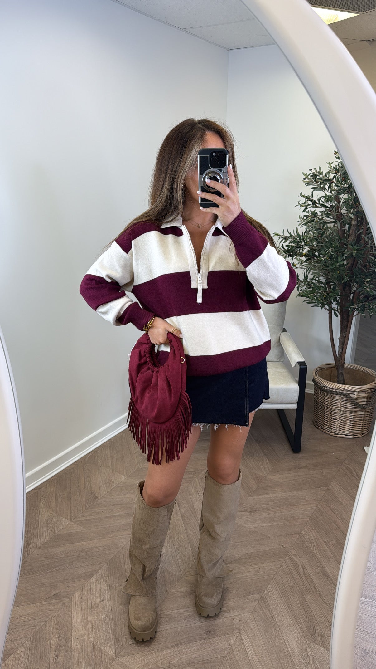 EVIE burgundy and cream stripe knitted polo jumper