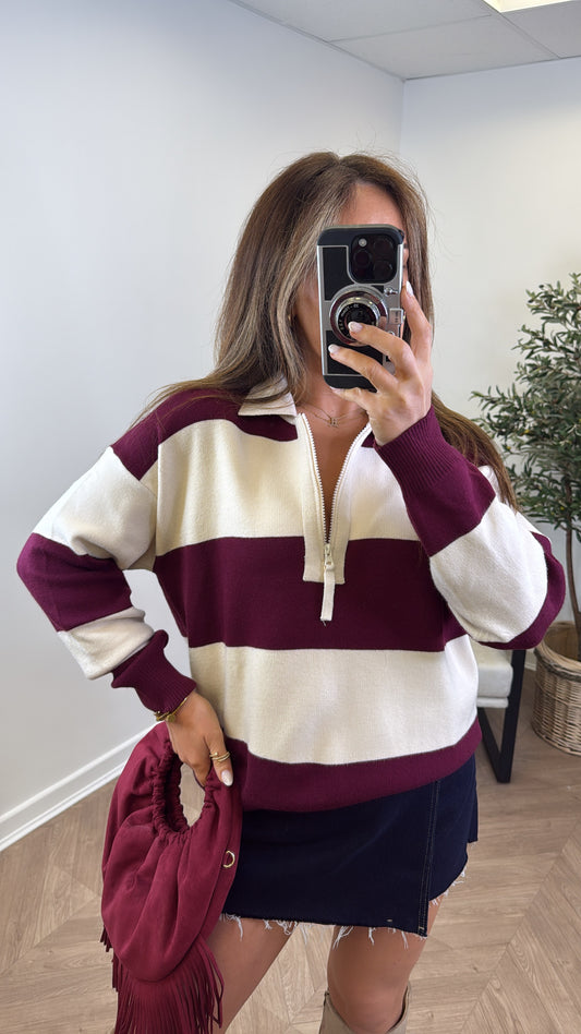 EVIE burgundy and cream stripe knitted polo jumper