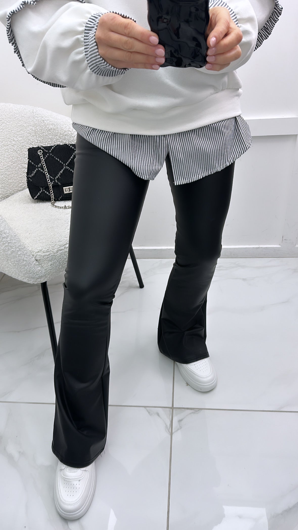 LARA black faux leather flared trousers