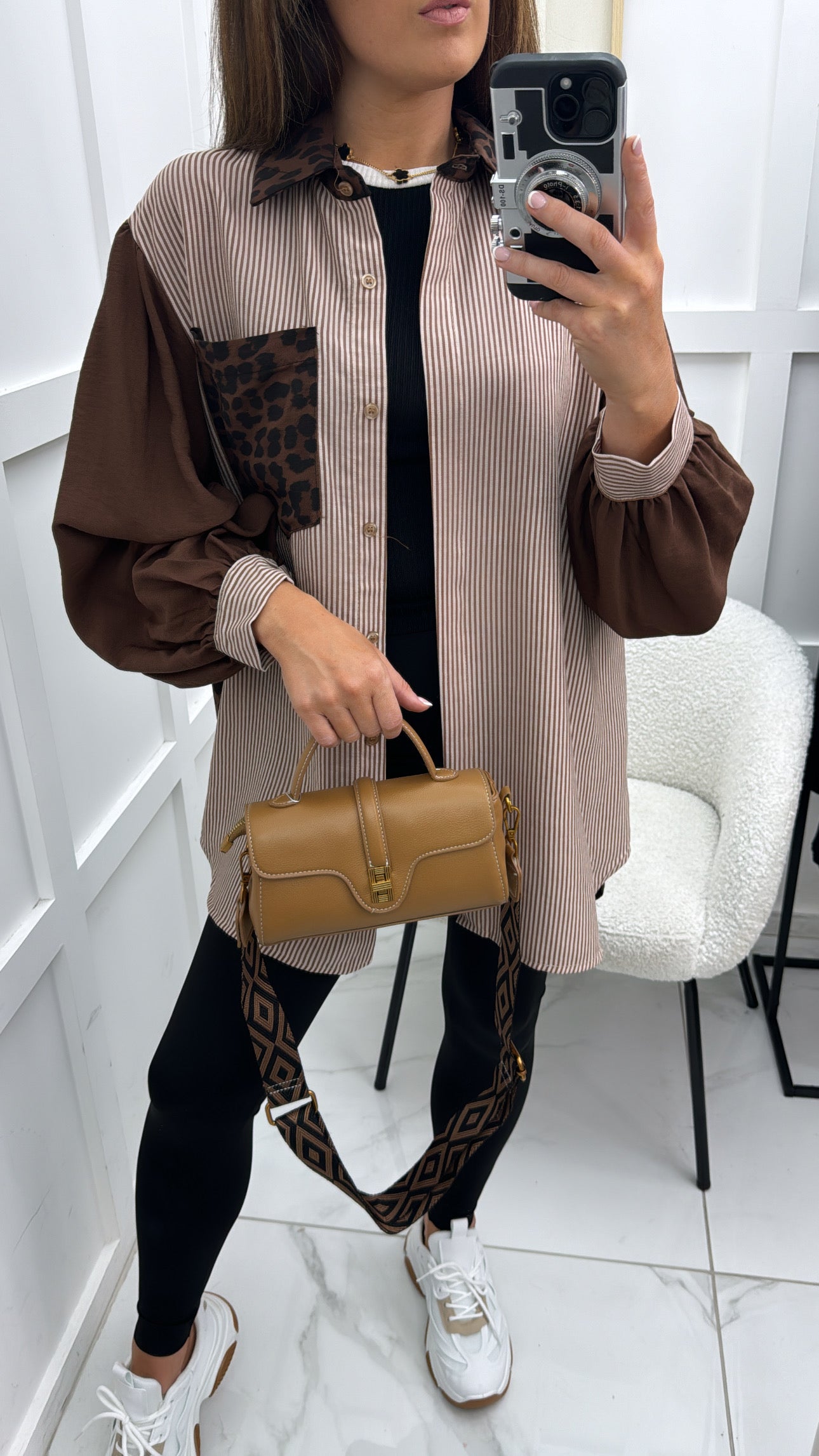 KEELEY brown stripe shirt with contrast leopard print