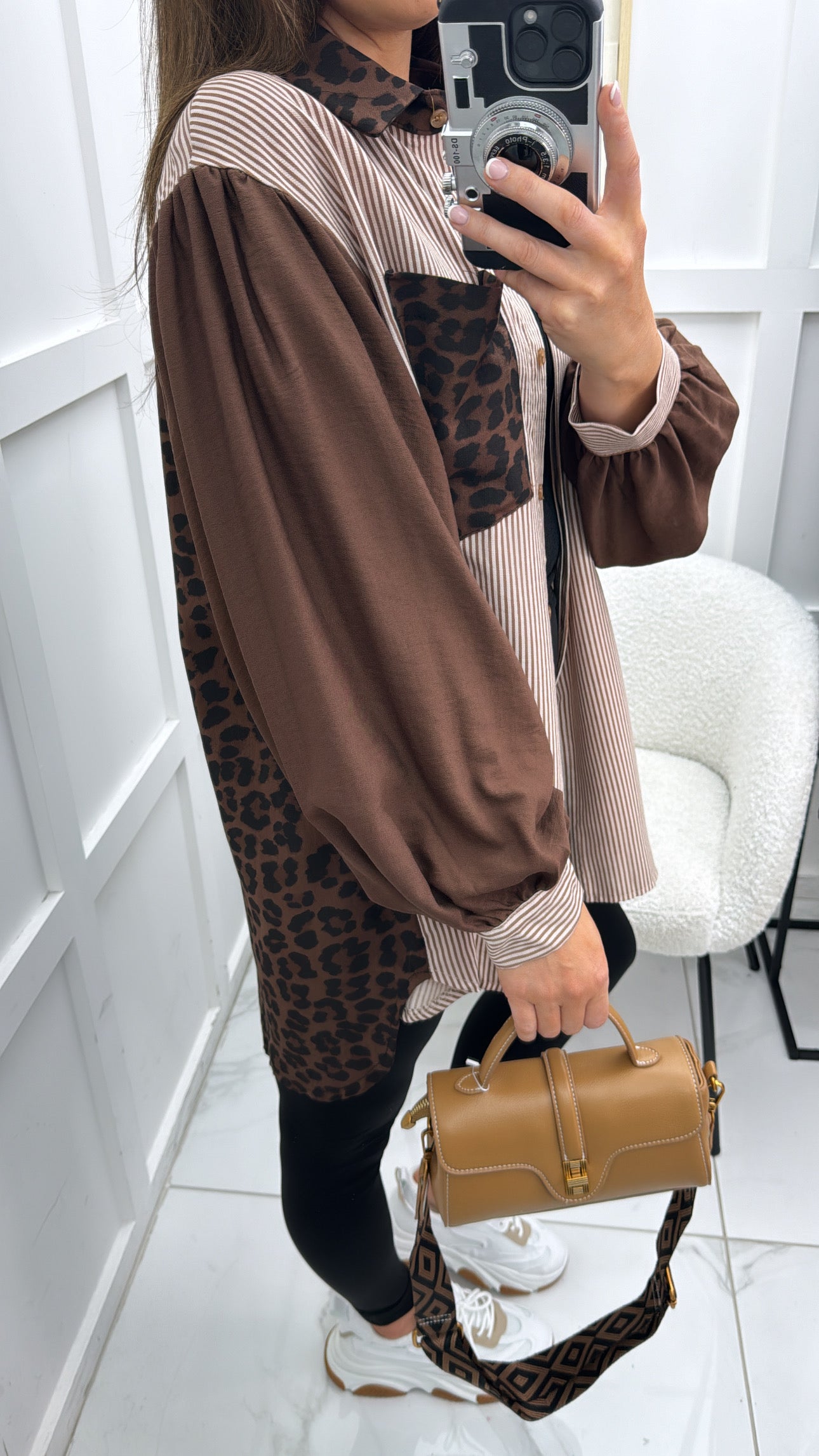 KEELEY brown stripe shirt with contrast leopard print