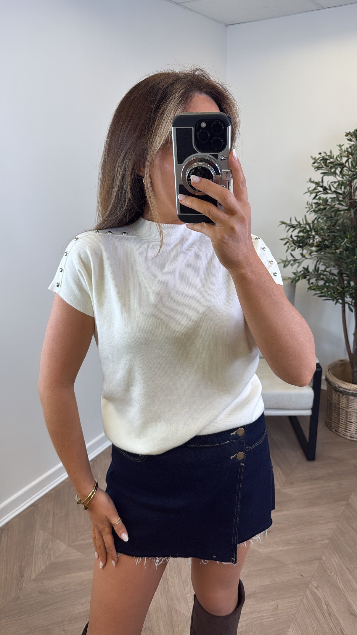 KAYLA cream fine knit stud detail top