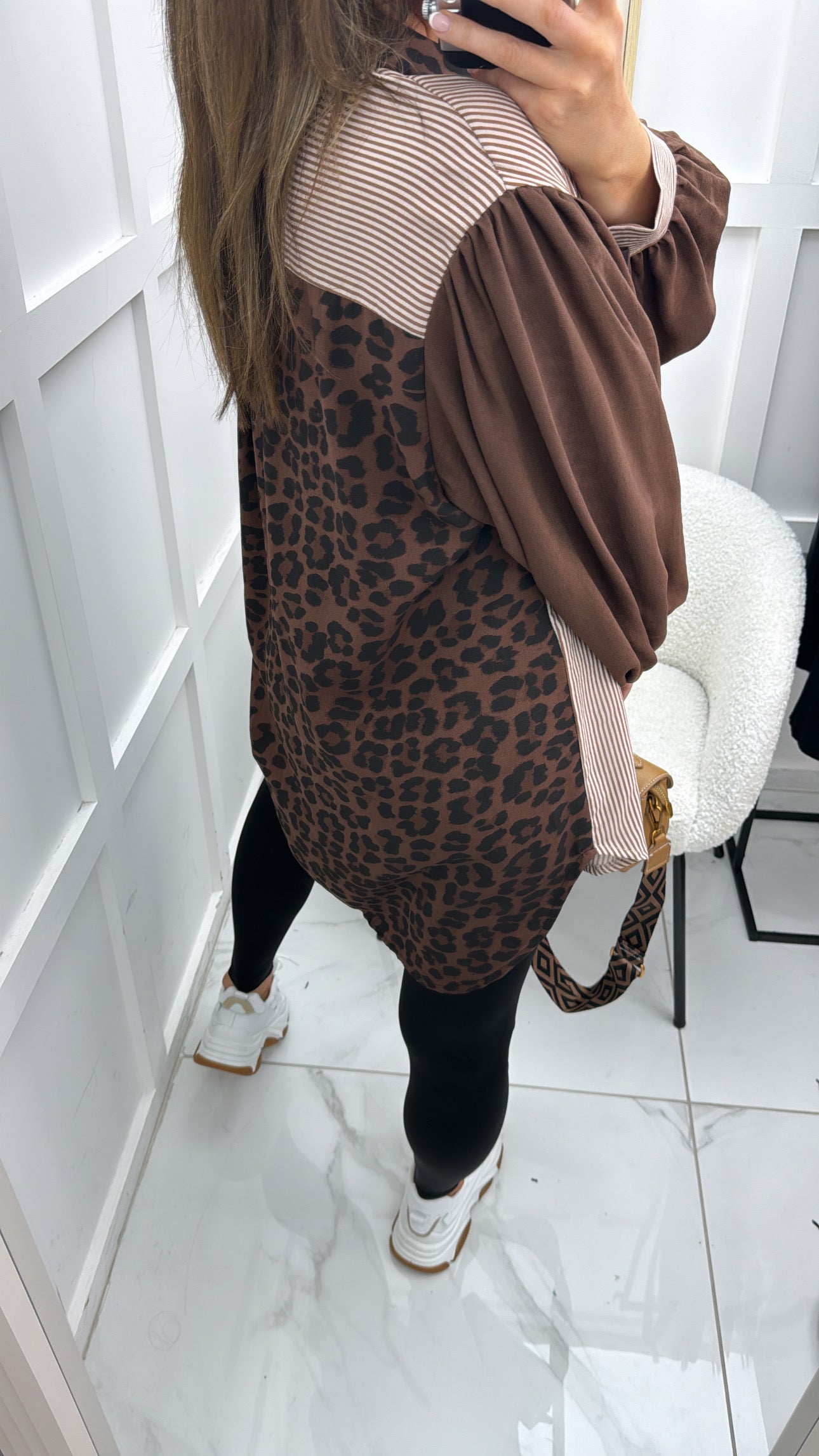 KEELEY brown stripe shirt with contrast leopard print