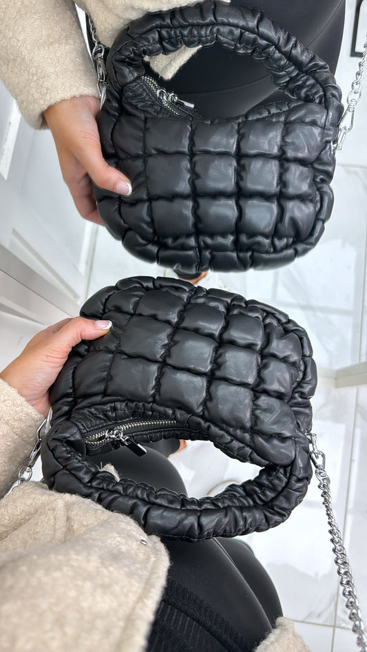 MAYA black quilted bag with silver chain strap