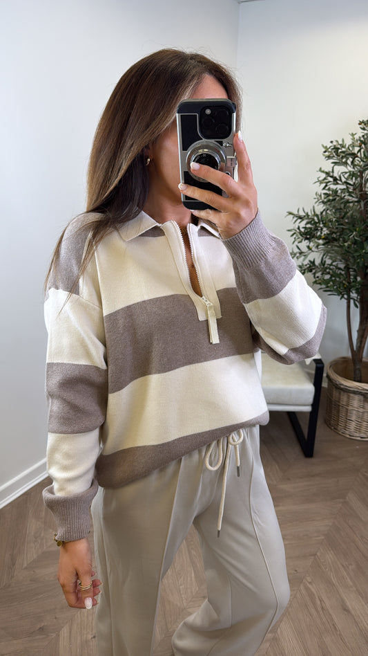 EVIE beige and cream stripe knitted polo jumper